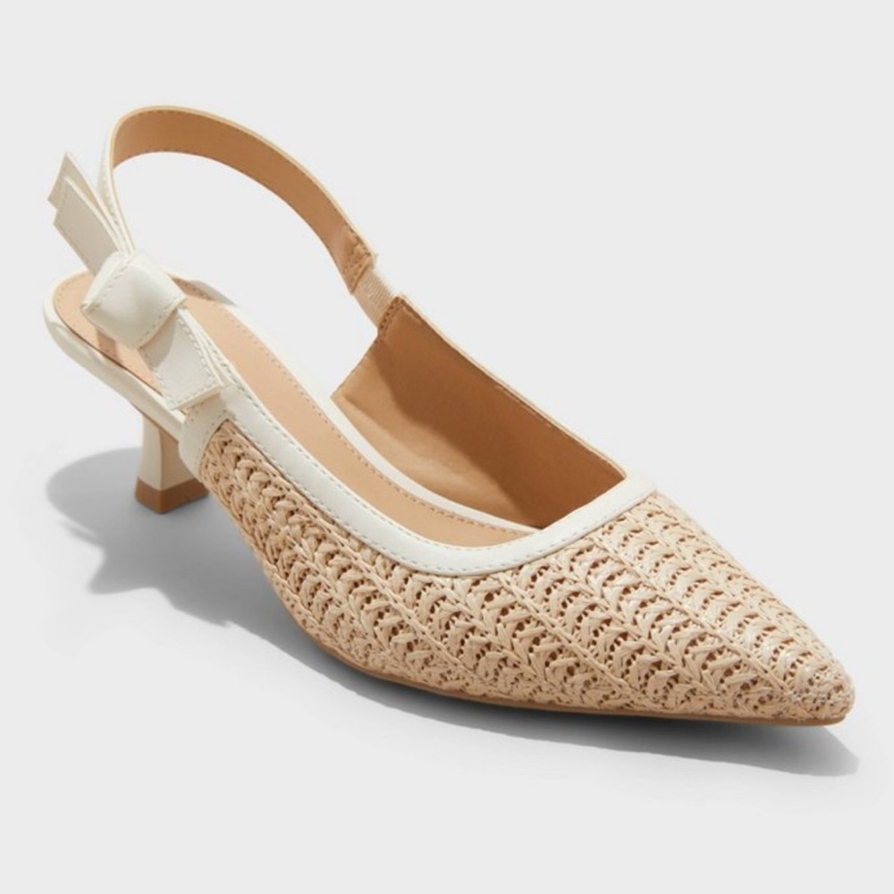 a new day Beige Woven Slingback Heels with White Trim
